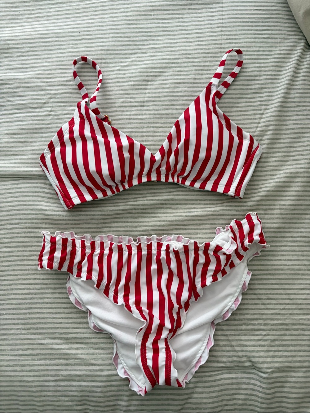 Shade & Shore Red and White Striped Ruffle Bikini Bottoms
